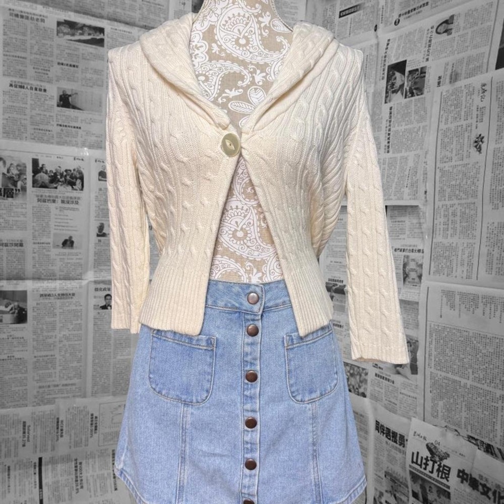 Cozy Ivory Ann Taylor LOFT Cropped Cable Knit Cardigan Shawl Collar M